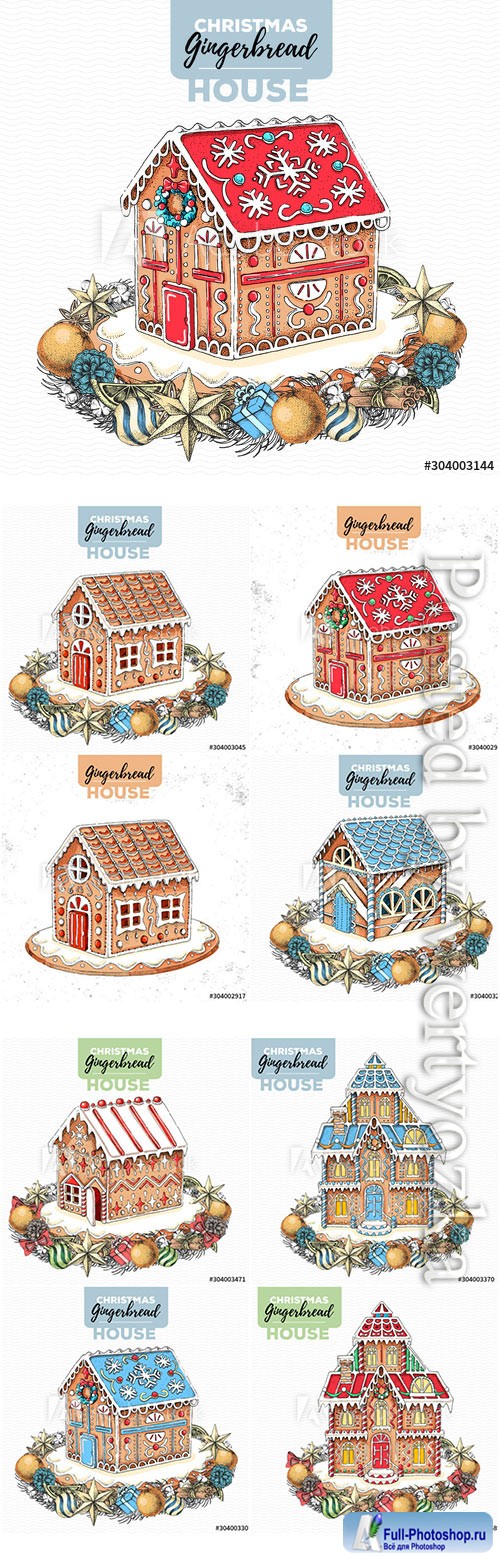 Hand drawing illustration of christmas gingerbread house and 