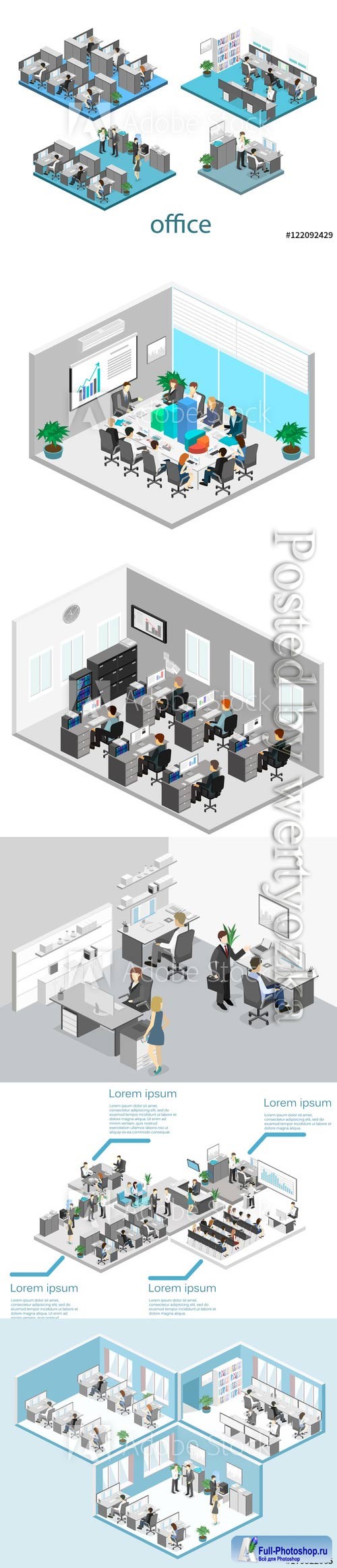 Flat 3d isometric abstract office floor interior