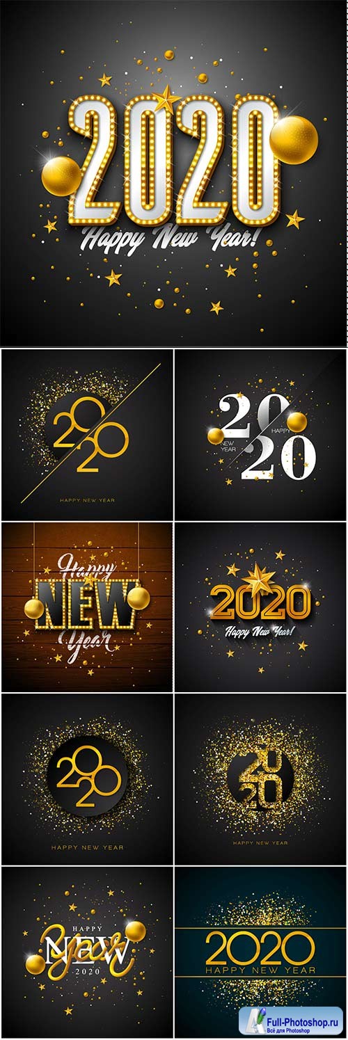 2020 Happy New Year illustration with 3d gold number, christmas ball and lights garland