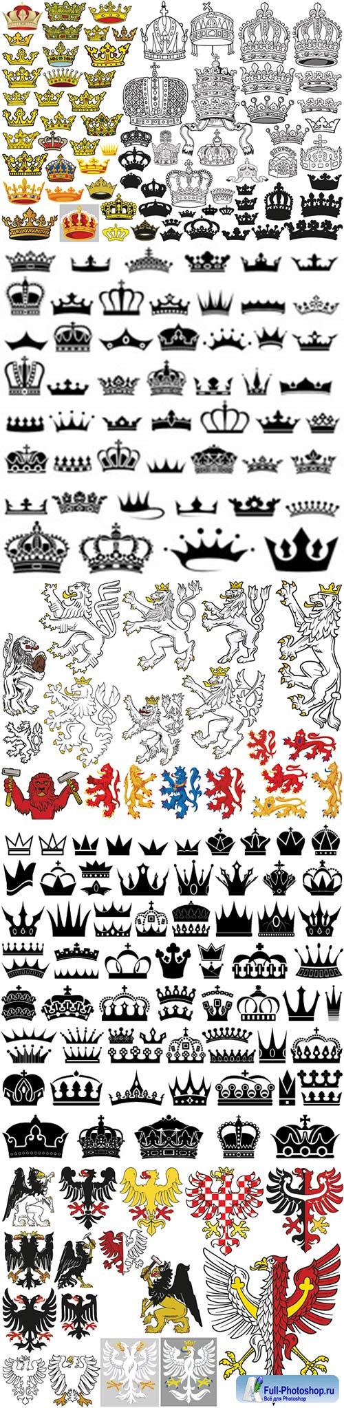 Big set of heraldic crowns in colored illustrations