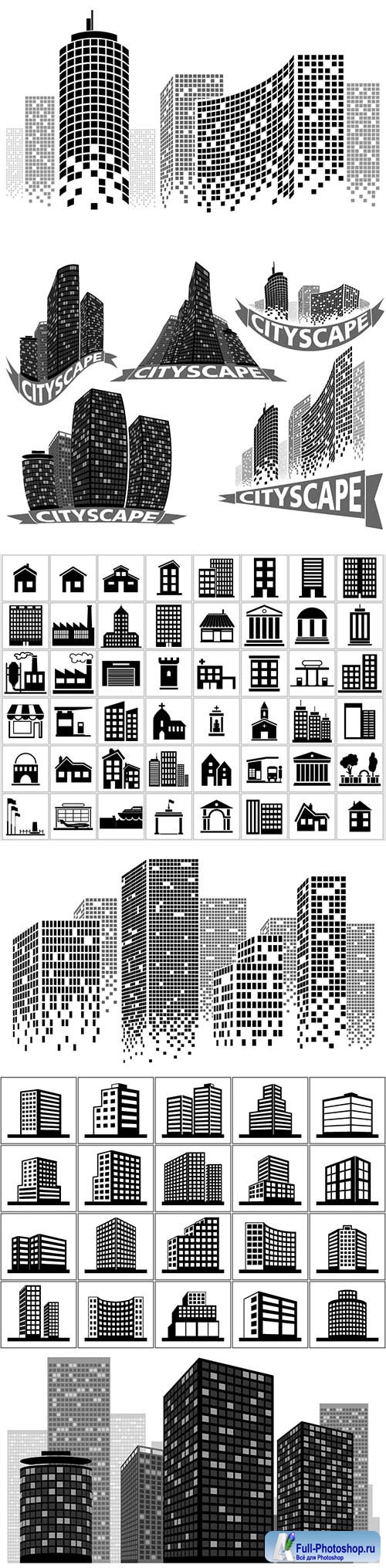 Cityscape set - buildings and city scene illustrations vector
