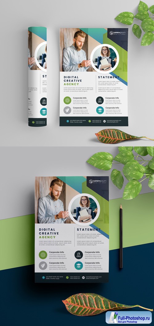Corporate Flyer Layout with Blue And Green Elements 