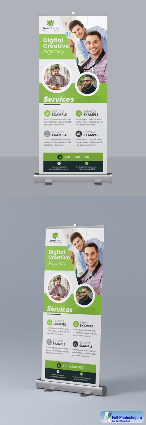 Green Roll Up Banner with Circular Photo Elements 295382665