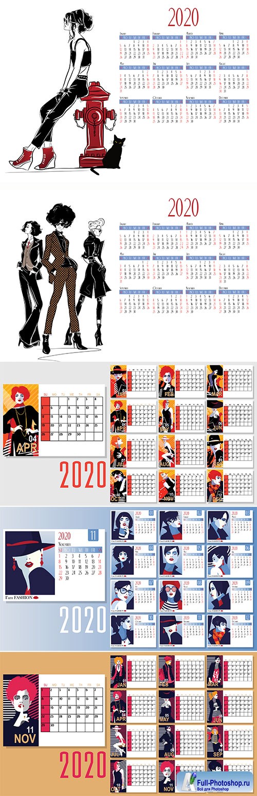 Vector of 2020 new year calendar with fashion women in style pop 