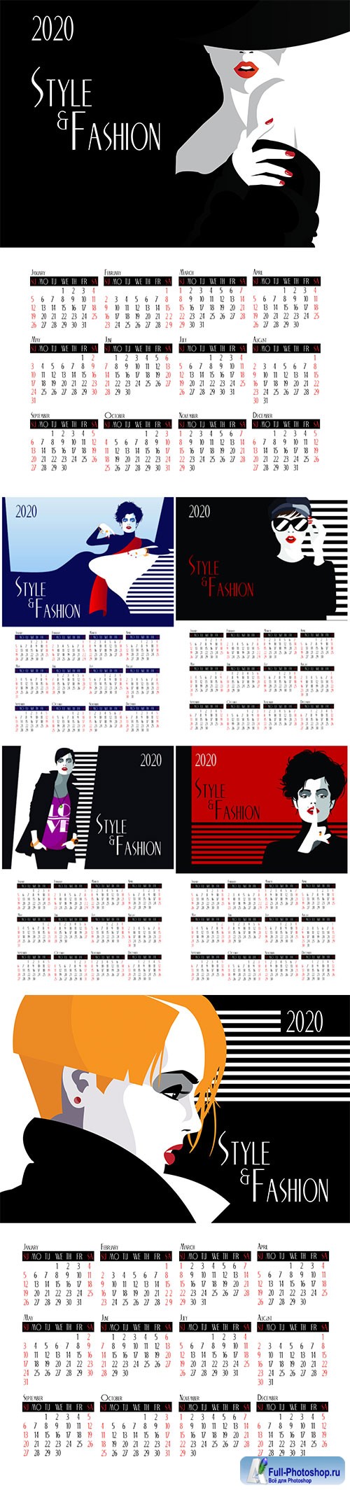 Calendar 2020 with fashion woman in style Pop art