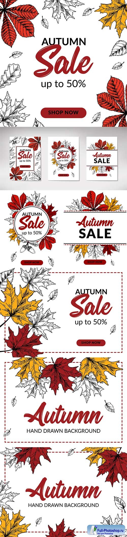 Hand drawn autumn sale banner with colorful maple leaves