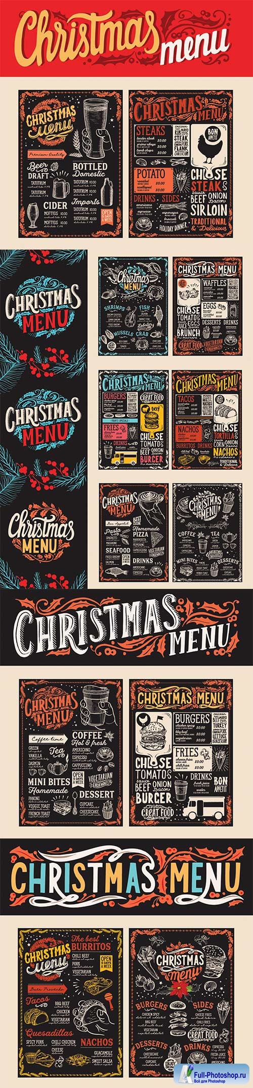 Christmas menu food template for restaurant with doodle 