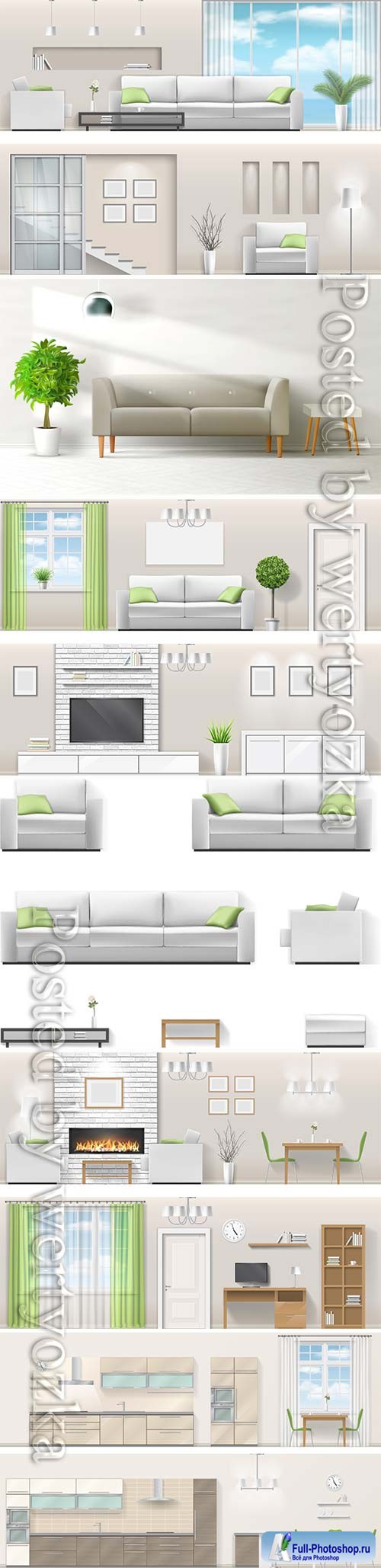 Modern interior in vector, kitchen, living room, bedroom