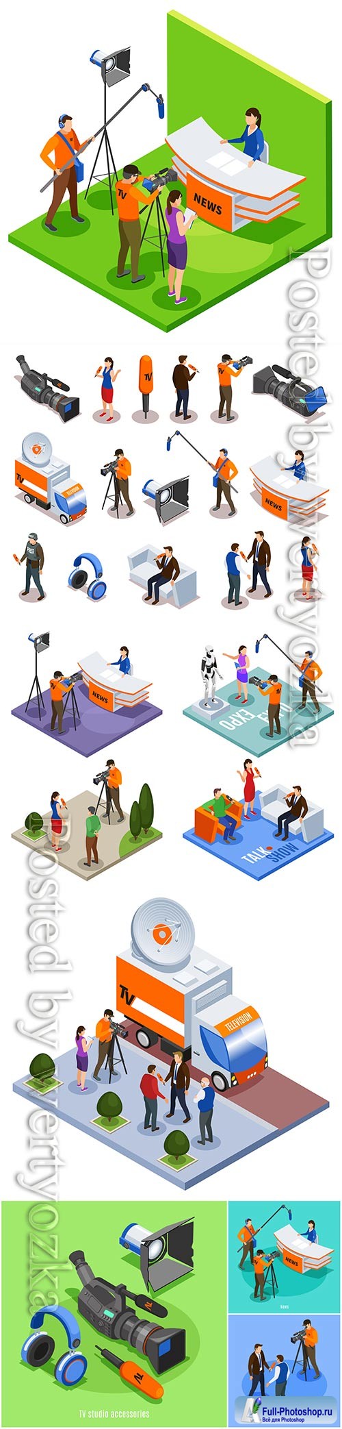Concept set of talk show news expo and street interview isometric compositions vector