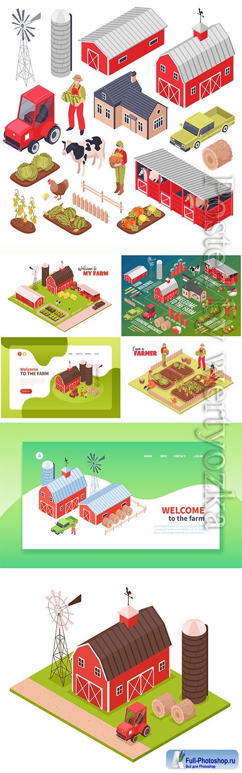 Isometric farm and farmers vector illustration