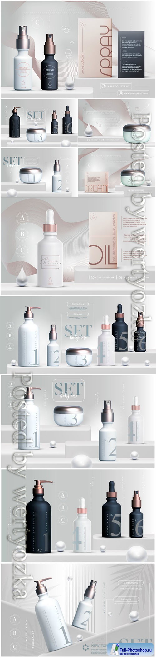 Vector 3D elegant cosmetic products set vector illustration