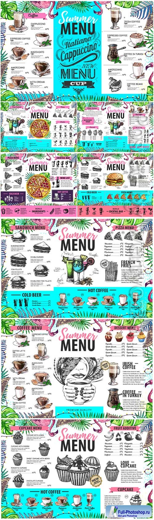 Hand drawing summer menu design with flamingo and tropic leaves