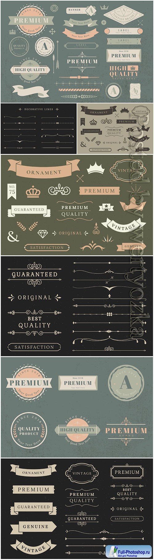 Vintage decorative elements in vector, borders, frames, corners, labels, emblems and ribbons