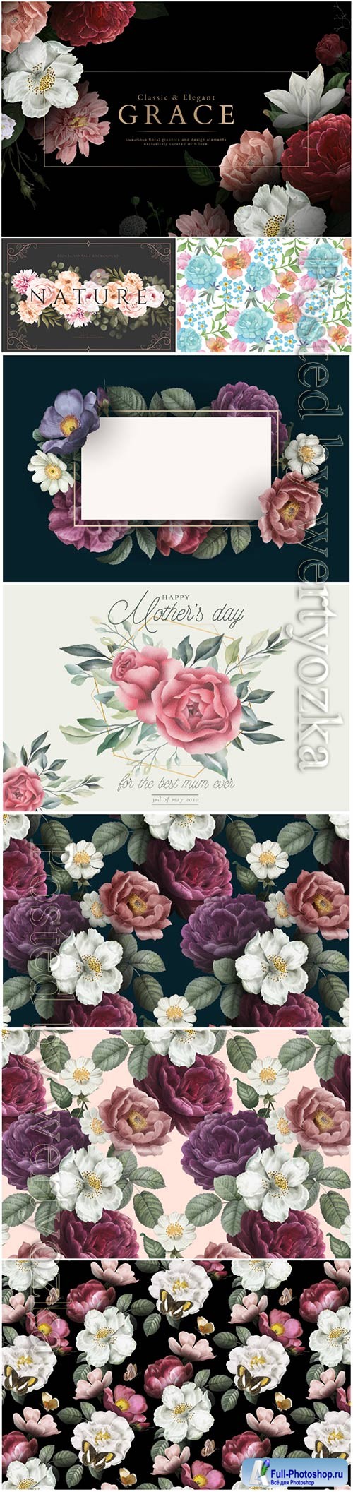 Beautiful vector backgrounds with roses and flowers