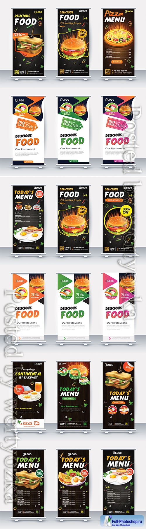 Fast food roll up banner, vector restaurant menu template