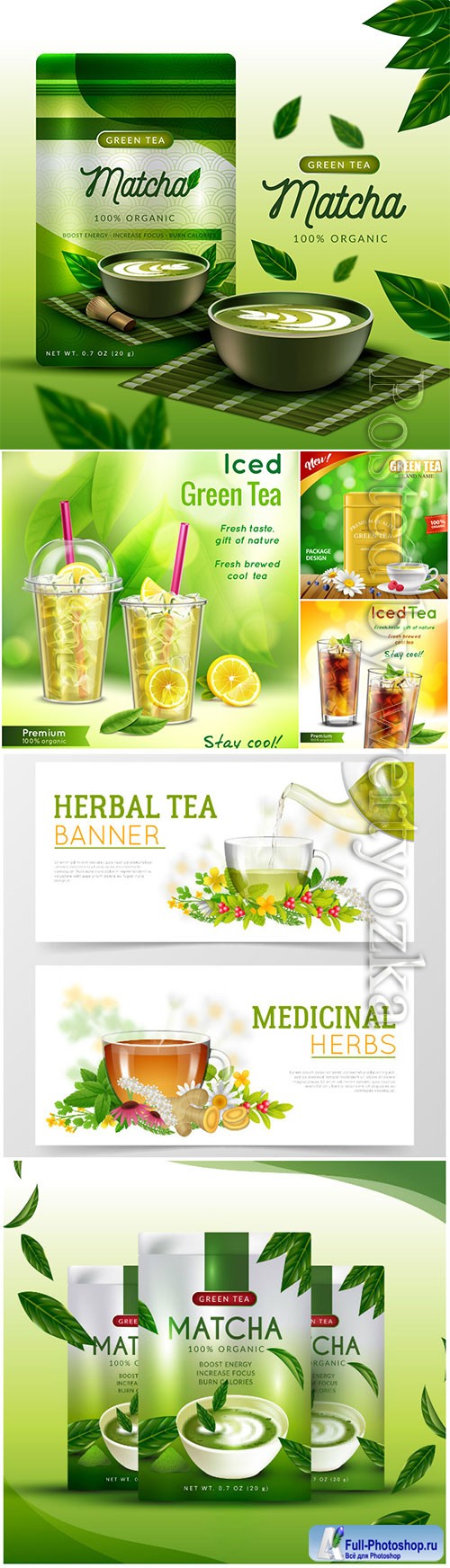 Realistic matcha tea ad concept vector illustration