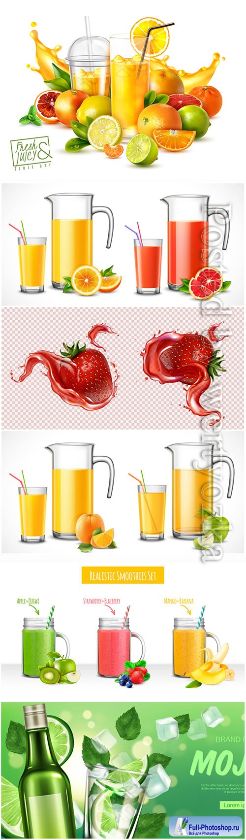 Fruits, fresh juices and drinks vector illustration