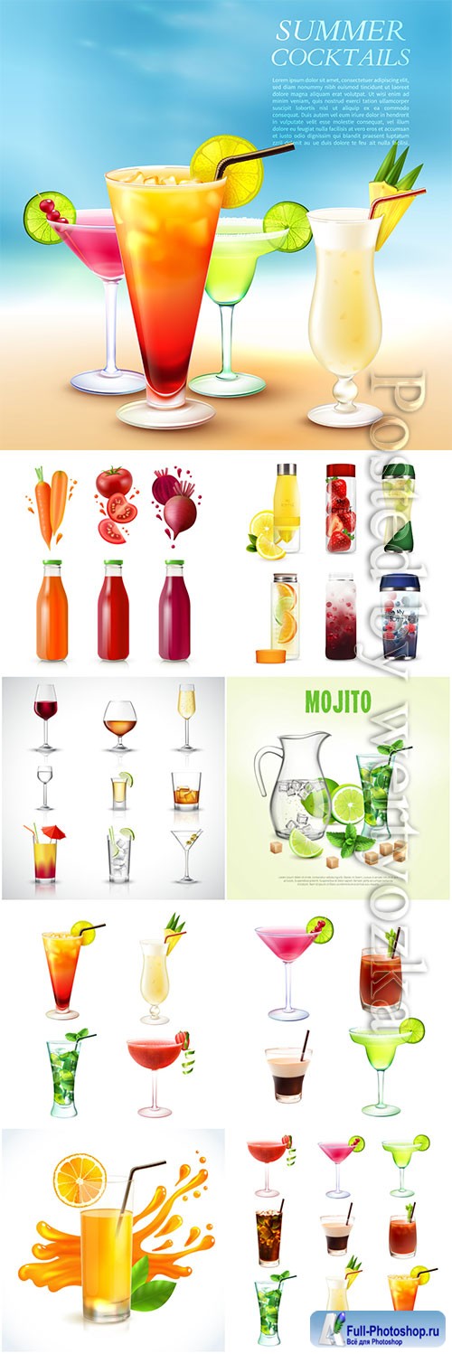 Cocktails, fresh juices and drinks vector illustration