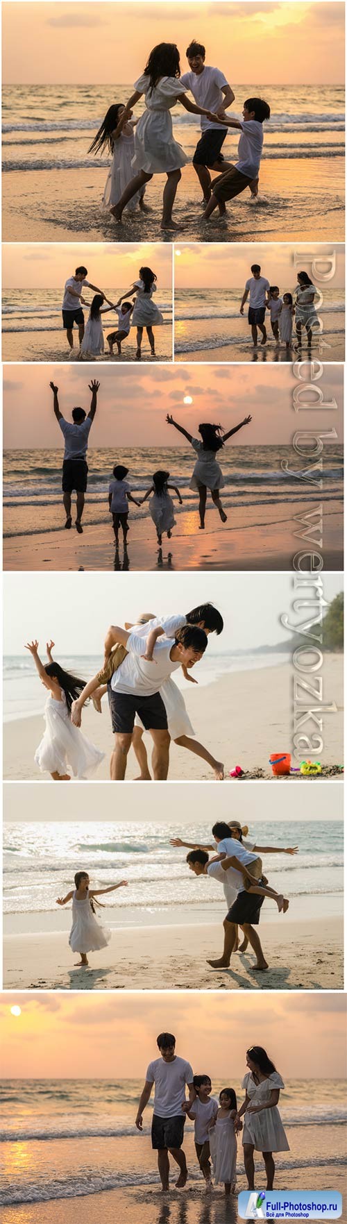 Happy family enjoy vacation on beach in evening