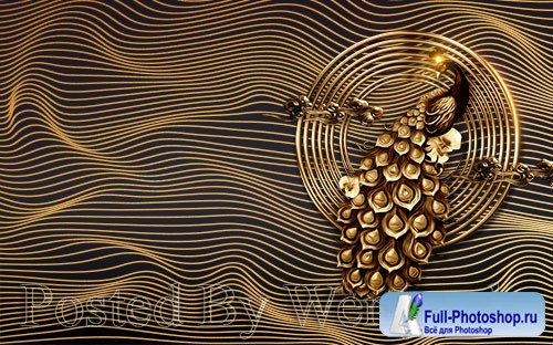 3D psd models modern black gold peacock gorgeous tv background wall