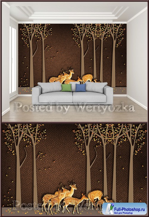 3D psd background wall new modern elk small forest