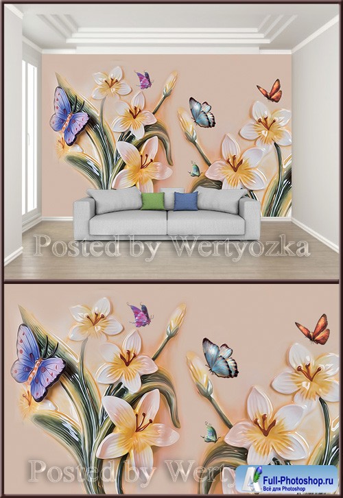 3D psd background wall modern oil painting beautiful butterfly