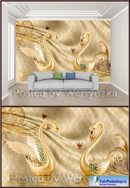 3D psd background wall luxury golden swan jewels satin