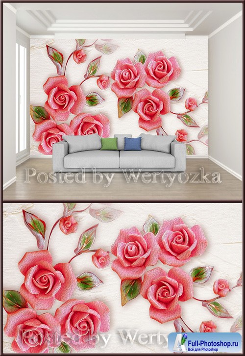 3D psd background wall embossed rose flower