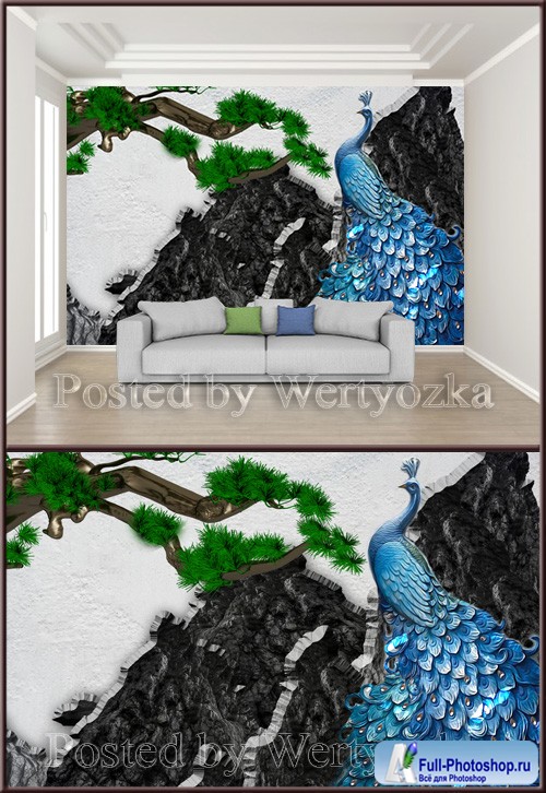 3D psd background wall mountain peak peacock ancient pine relief