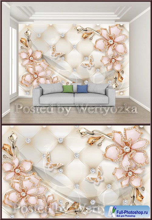3D psd background wall diamond heart jewels_flower