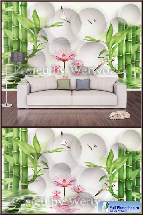 3D psd background wall lotus bamboo