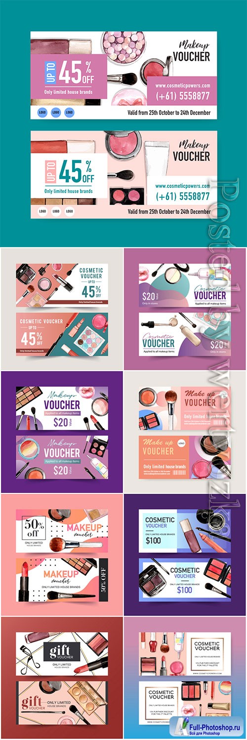 Cosmetic voucher vector set with lipstick, brush on, eyeshadow