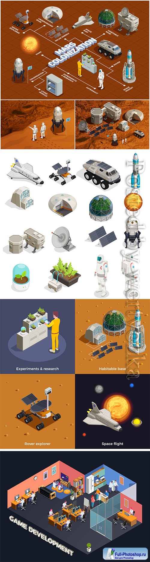 Space isometric set vector illustration template