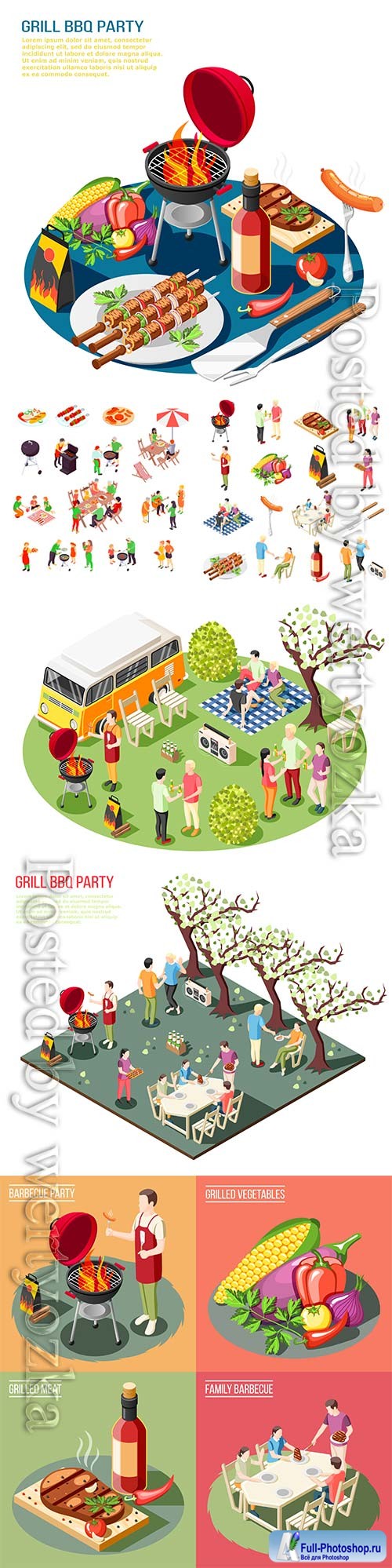 Barbecue grill party isometric icons collection with isolated icons grill food outdoors grill and people