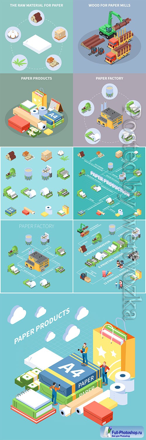 Paper production concept icons set with paper factory symbols isometric