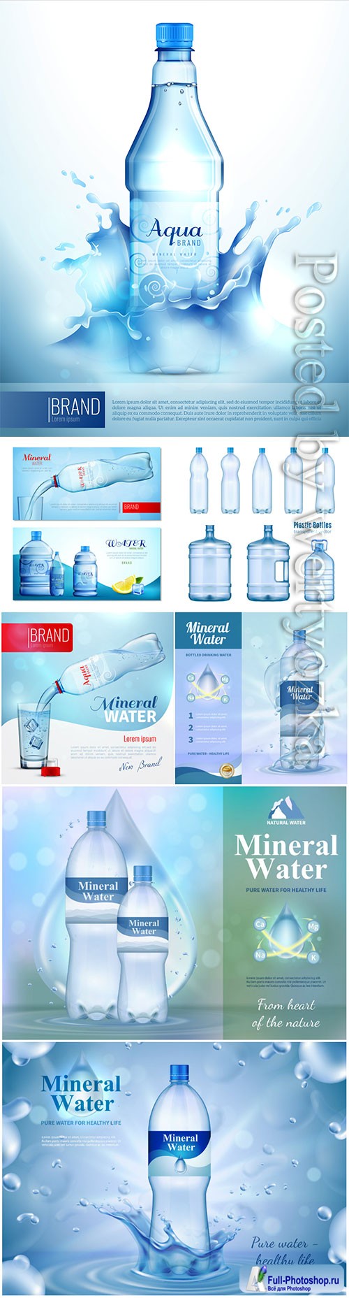 Water bottle ad banner, flask with drink, splashing water drops in vector