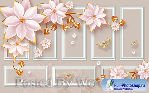 3D models template modern luxury pink jewels flowers gold leaves 