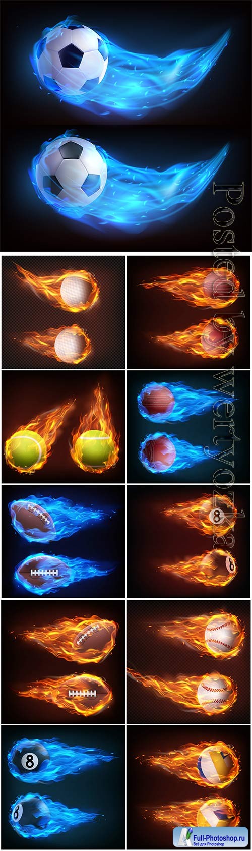 Balls flying in fire realistic vector