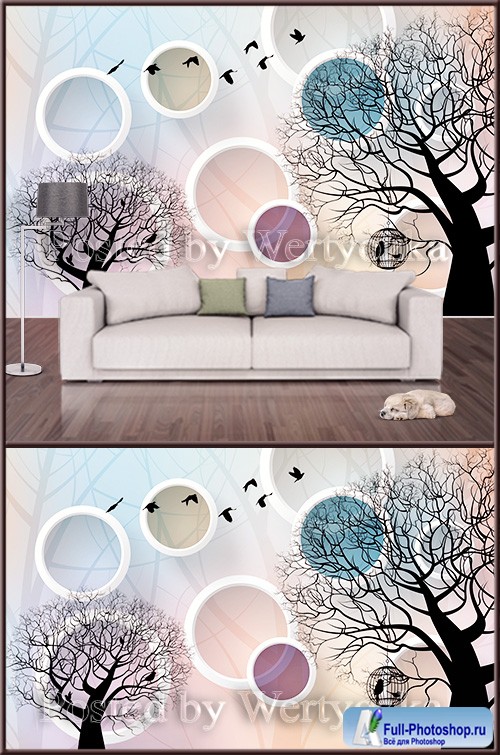 3D psd background wall trees and circles