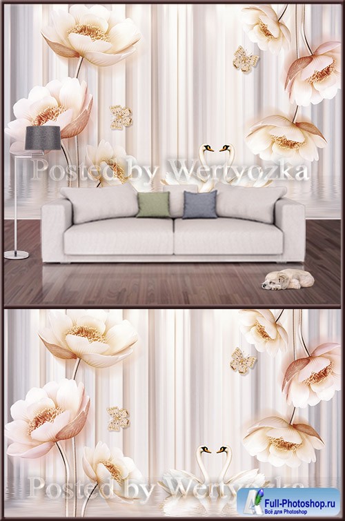 3D psd background wall flowers swans buttons