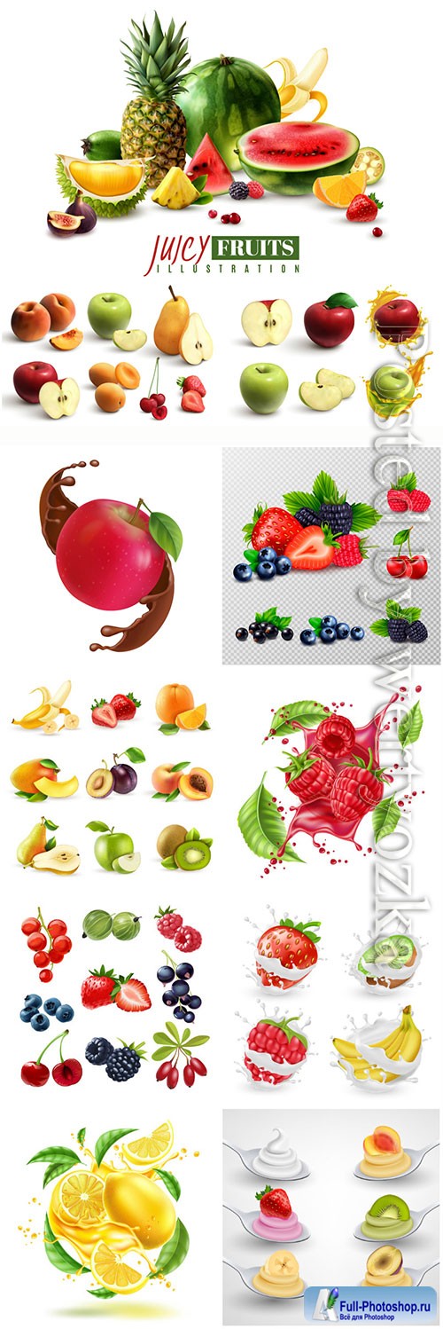 Fresh fruits and berries in vector, advertising posters