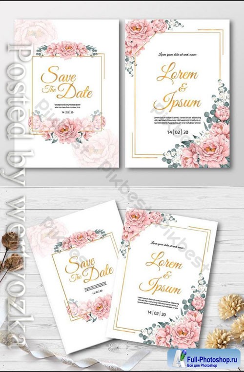 Wedding Invitation card with pink Paeonia flowers and gold frame watercolor drawing