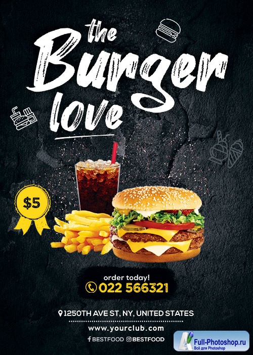 Burger love psd flyer template