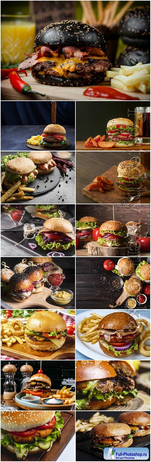 Gamburger with fries, fast food stock photo set