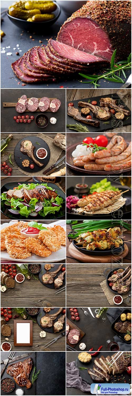 Delicious meat with sauce on wooden board stock photo set