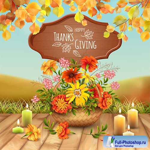 Thanksgiving card with a basket filled with autumn flowers and lighted candle