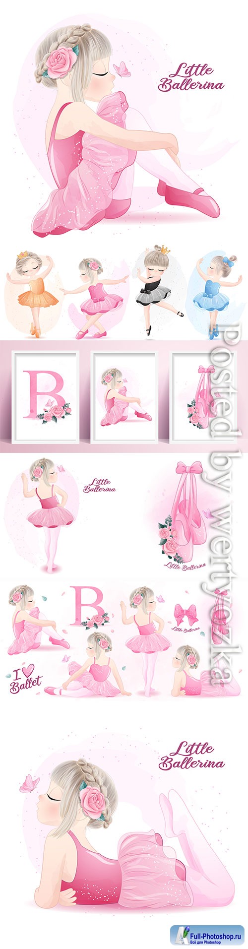 Cute girl ballerina watercolor illustration vector set