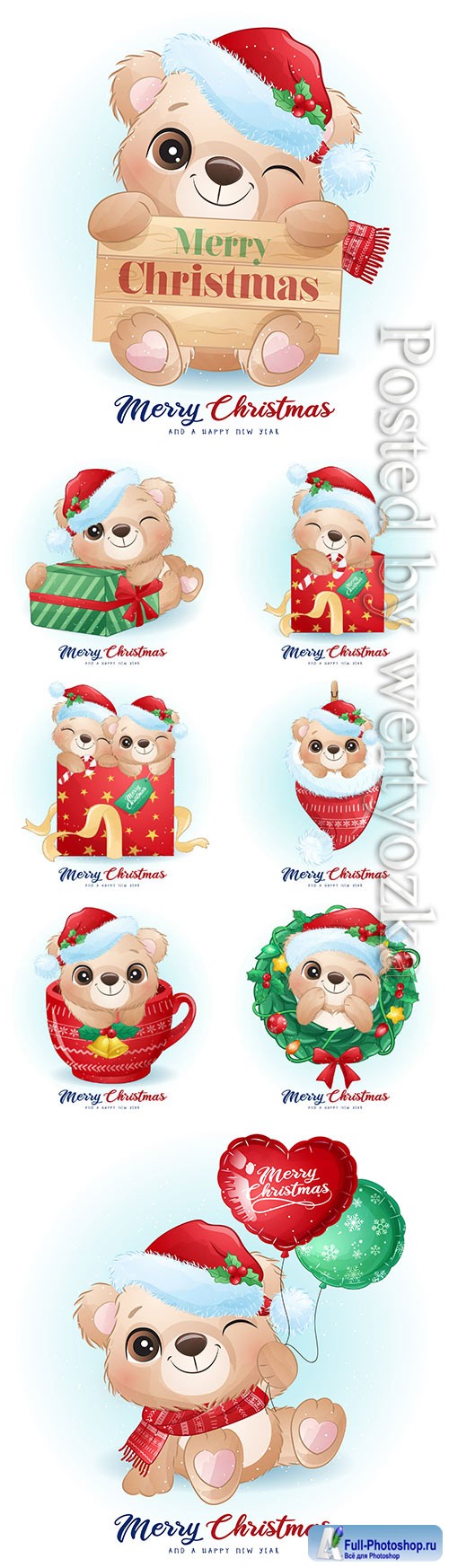 Cute doodle bear for christmas day with watercolor vector illustration