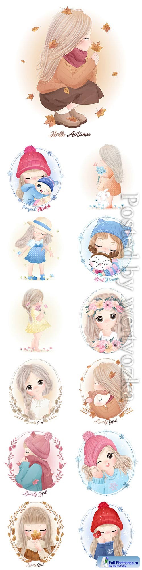 Hand drawn cute little girl with watercolor vector illustration