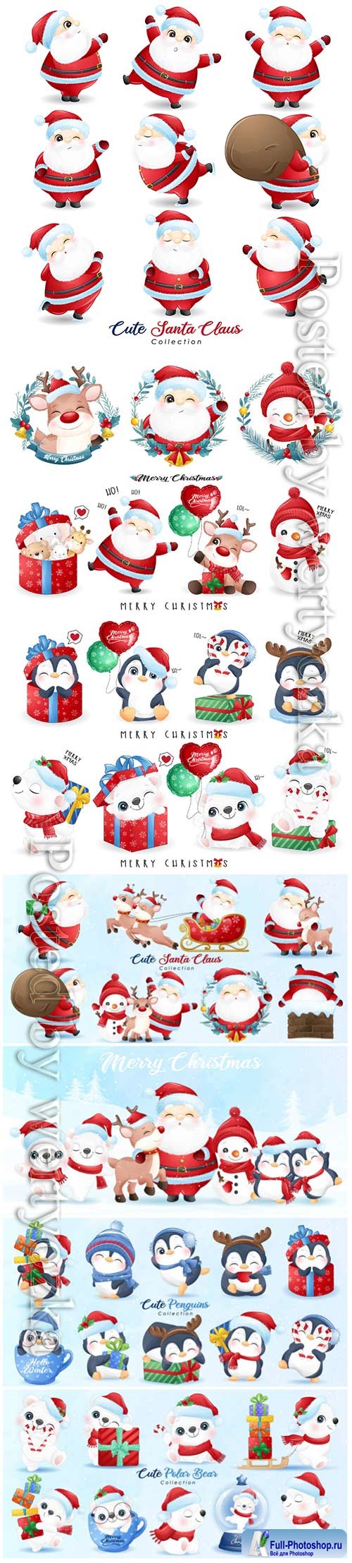 Cute santa claus and friends for christmas day with watercolor vector illustration